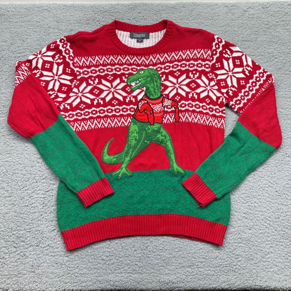 33 Degrees Size Medium Dinosaur Red Snowflakes CrewNeck Ugly‎ Christmas Sweater